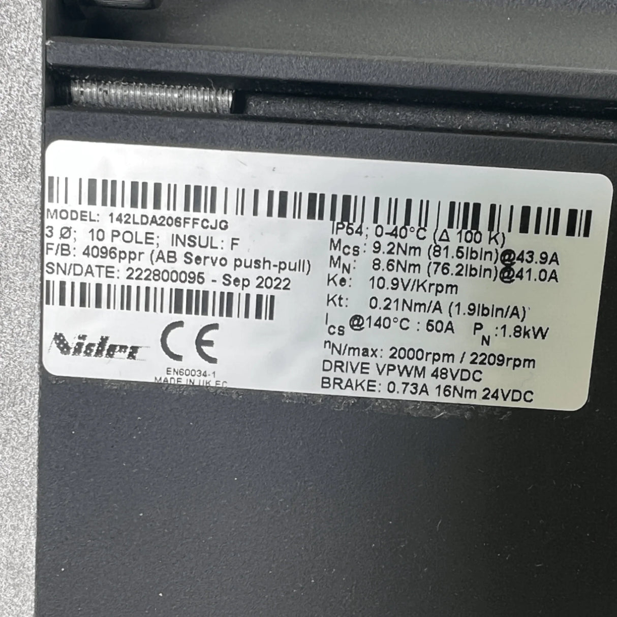 142LDA206FFCJG OEM Nidec Control Techniques Unimotor AB Servo Motor Push-Pull - Truck To Trailer