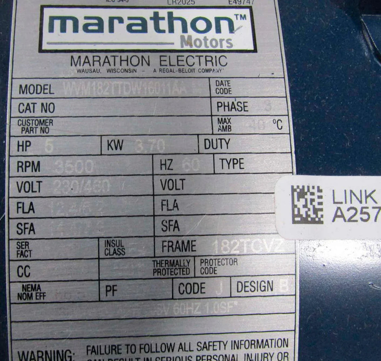 WVM182TTDW16011AA Genuine Marathon Electric Motor 230/460V - Truck To Trailer