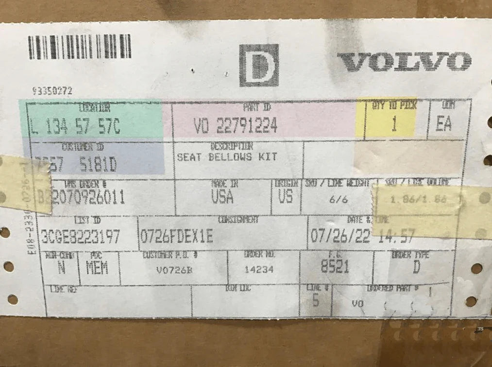 22791224 Genuine Volvo Seat Bellows Kit - Truck To Trailer