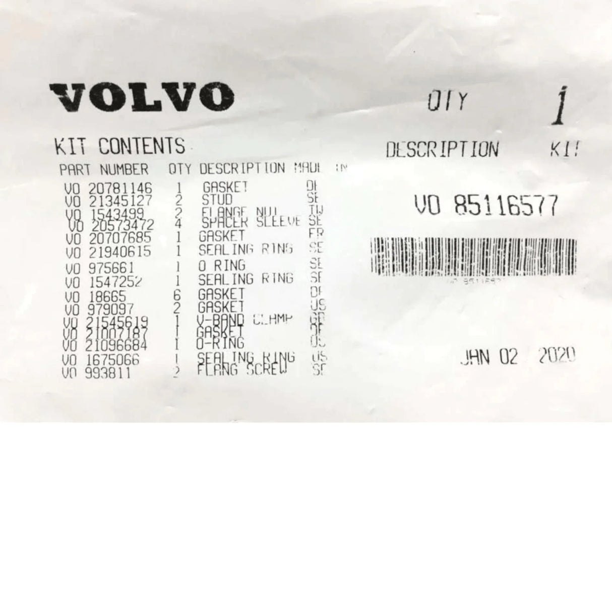 85116577 Genuine Volvo Installation Kit - Truck To Trailer