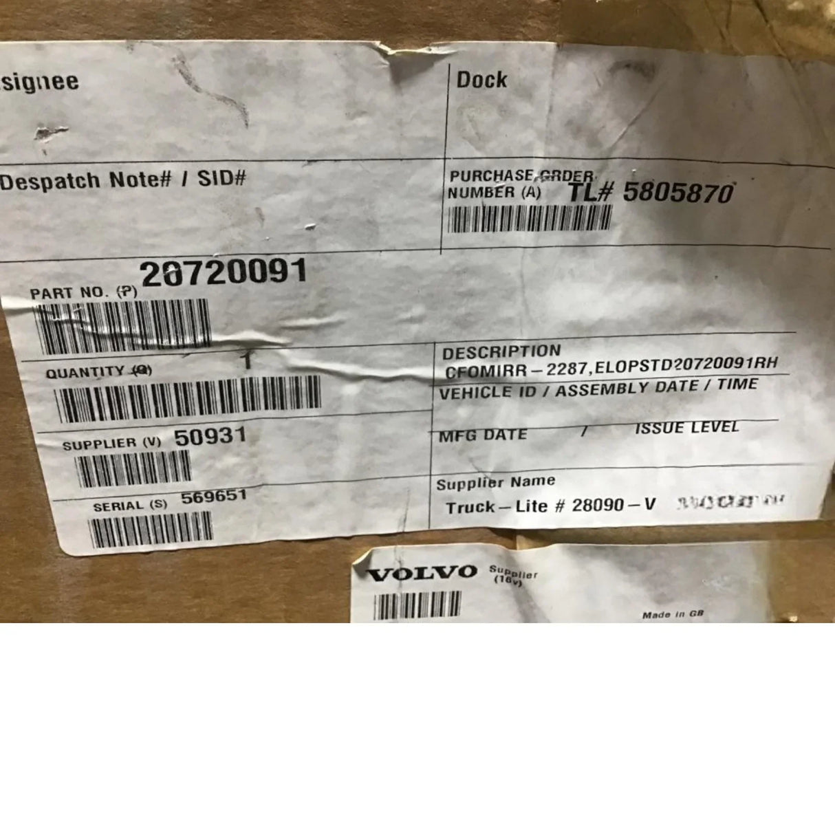 20720091 Genuine Mack Rear-View Mirror - Truck To Trailer