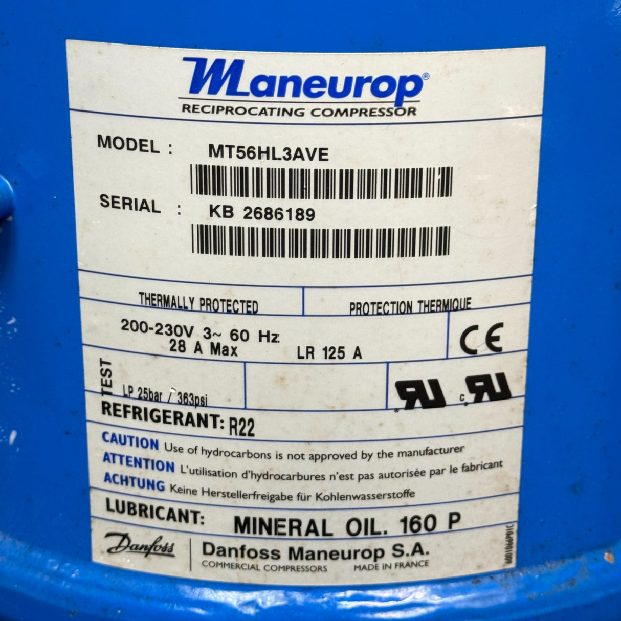 MT56HL3AVE Genuine Danfoss Scroll Compressor 200-230V