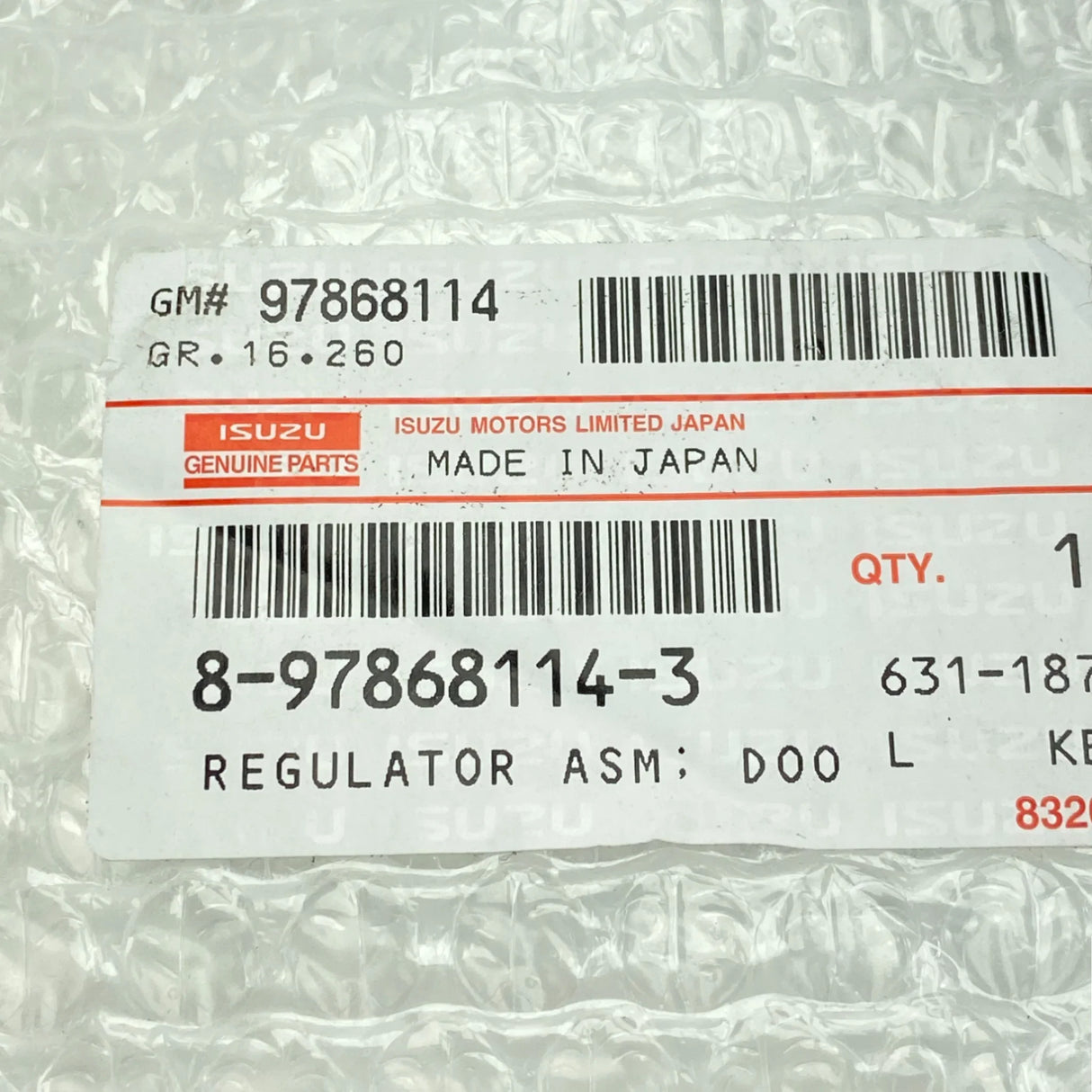 97868114 Genuine Isuzu Door Regulator Assembly - Truck To Trailer