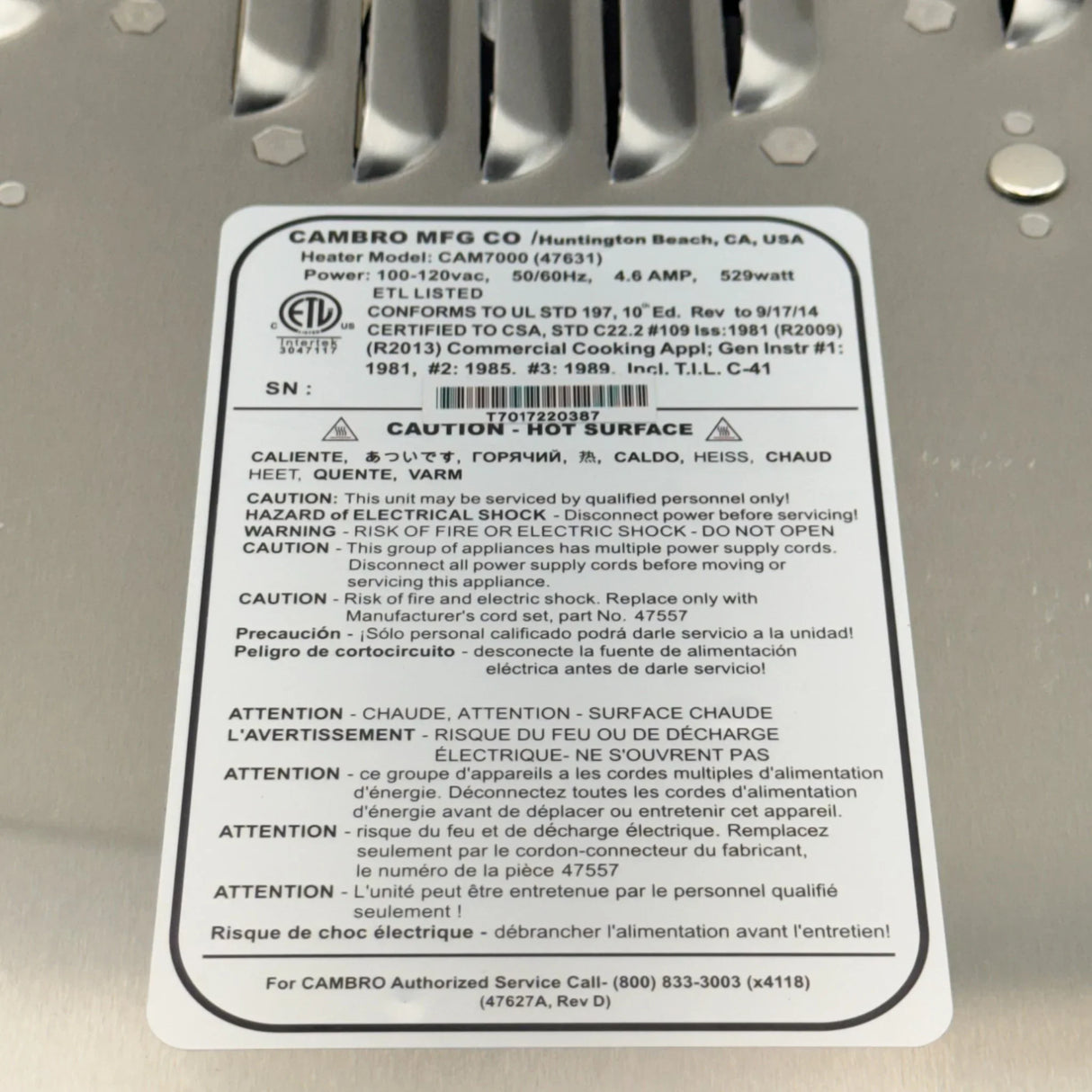 H10025 Genuine Cambro Door Heater Kit 110V - Truck To Trailer