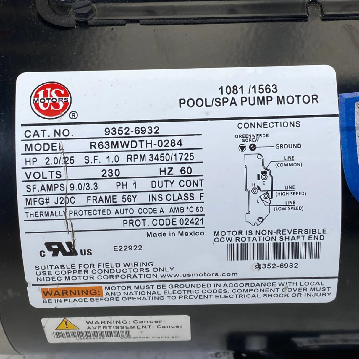 9352-6932 Us Motors Spa Motor R63Mwdth-0284 Model - Truck To Trailer