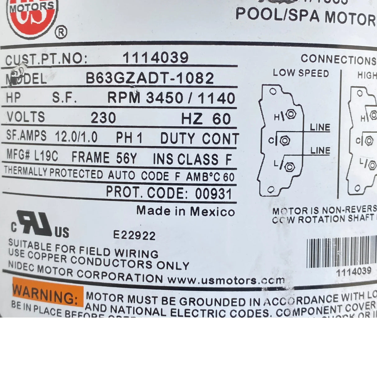 1114039 Us Motors Spa Motor B63Gzadt-1082 Model - Truck To Trailer