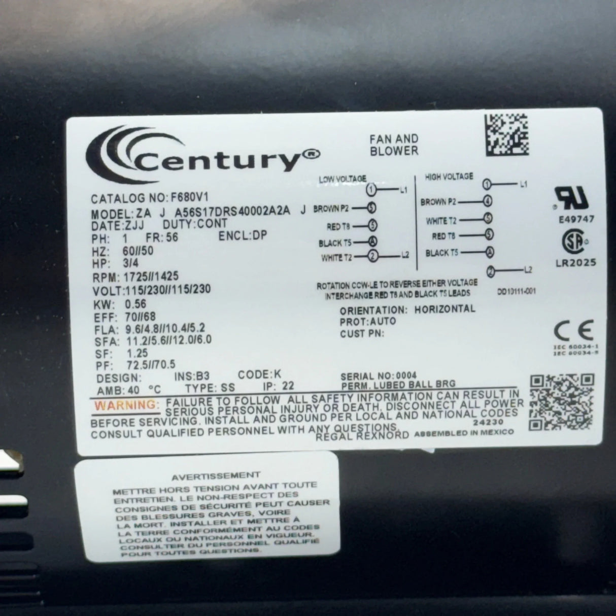 F680V1 Century Fan And Blower Motor 115/230V