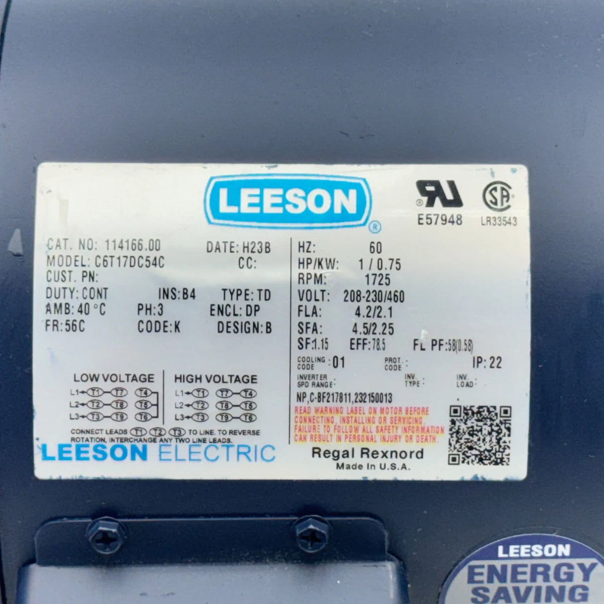 114166.00 Leeson Three Phase Brake Motor