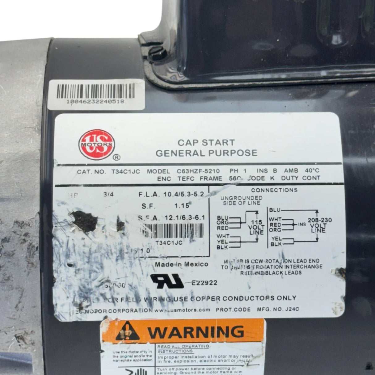 C63HZF-5210 Us Motors General Purpose Motor 115/208-230V