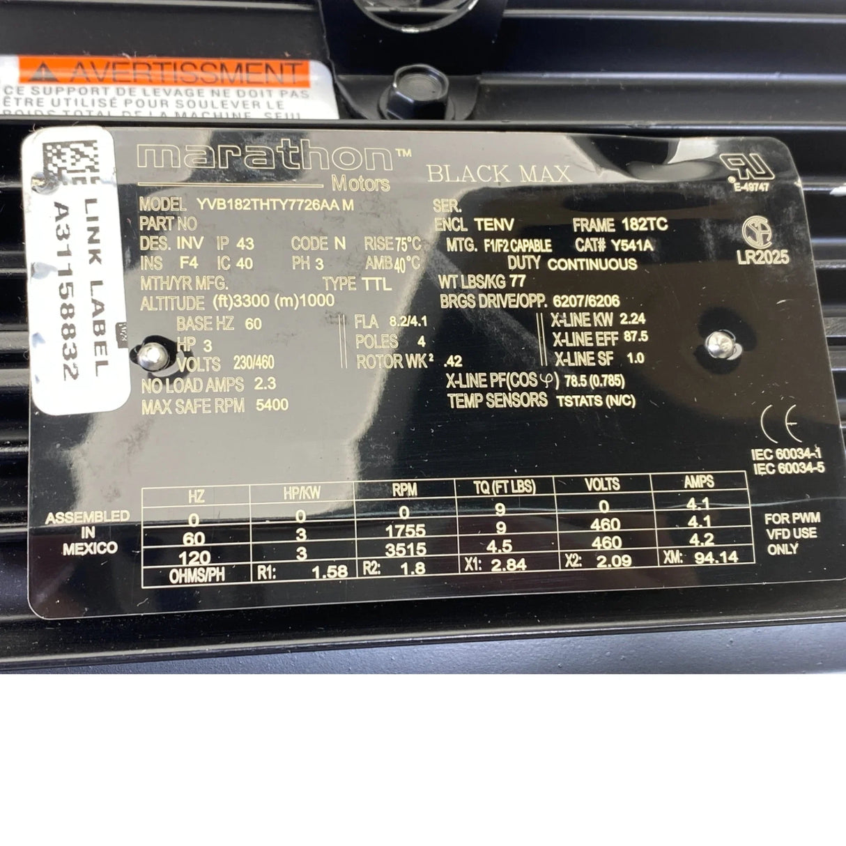 YVB182THTY7726 Marathon Black Max Inverter Duty Variable Speed Motor - Truck To Trailer