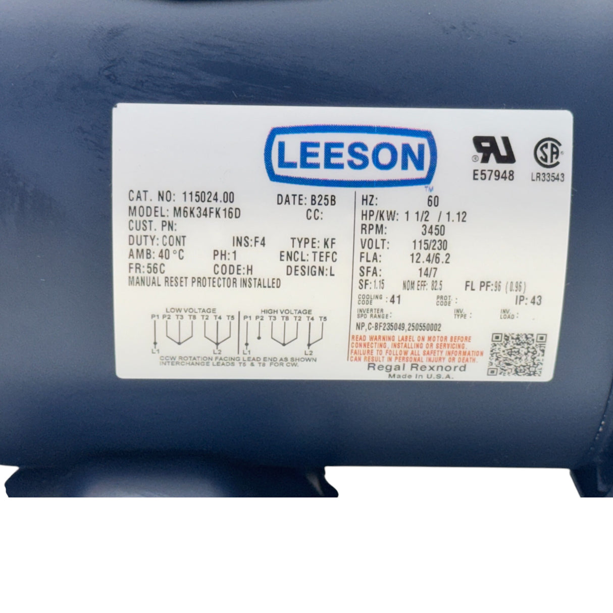 115024.00 Leeson General Purpose Motor 115/208-230V