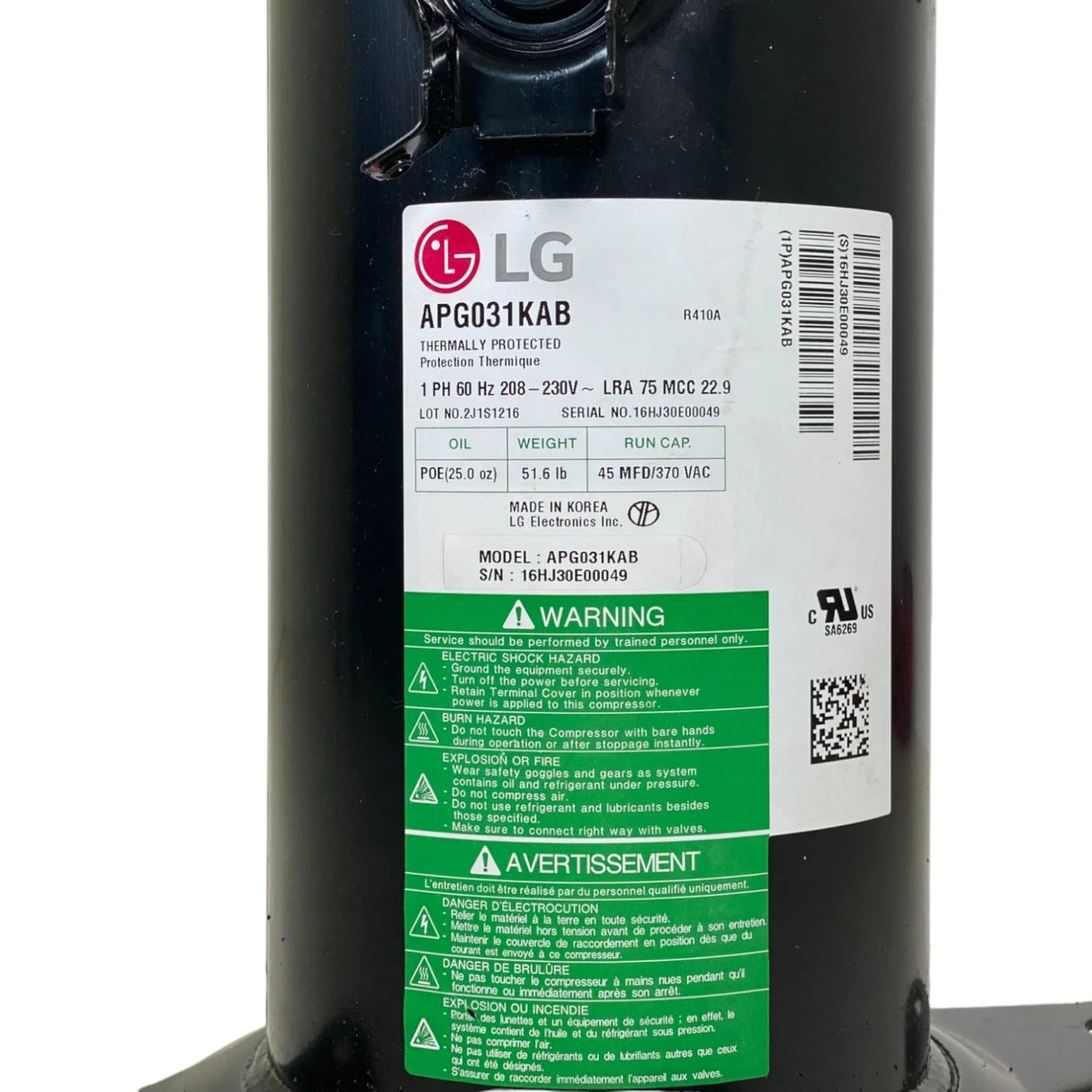 APG031KAB OEM LG 208-230V R410A Compressor - Truck To Trailer