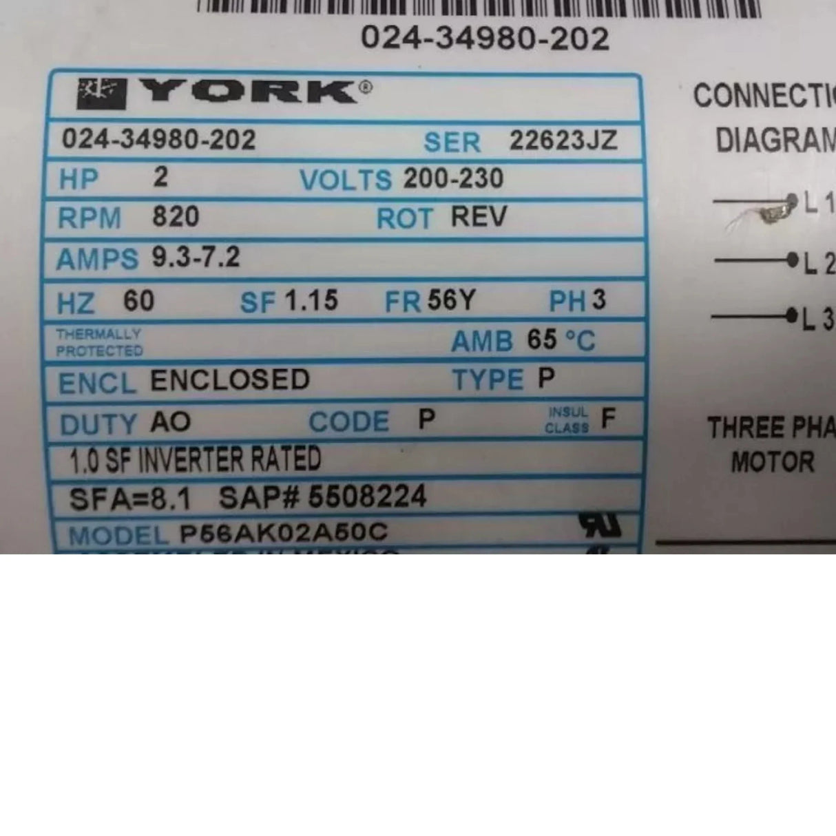 024-34980-202 York Replacement Fan Motor 2 HP 820 RPM 200-230V 3-Phase - Truck To Trailer