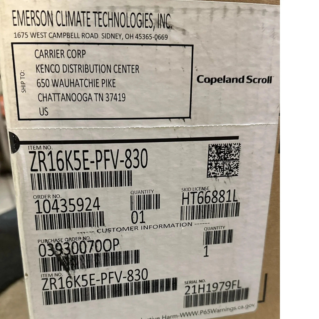 ZR16K5E-PFV-830 Genuine Copeland Scroll Compressor - Truck To Trailer