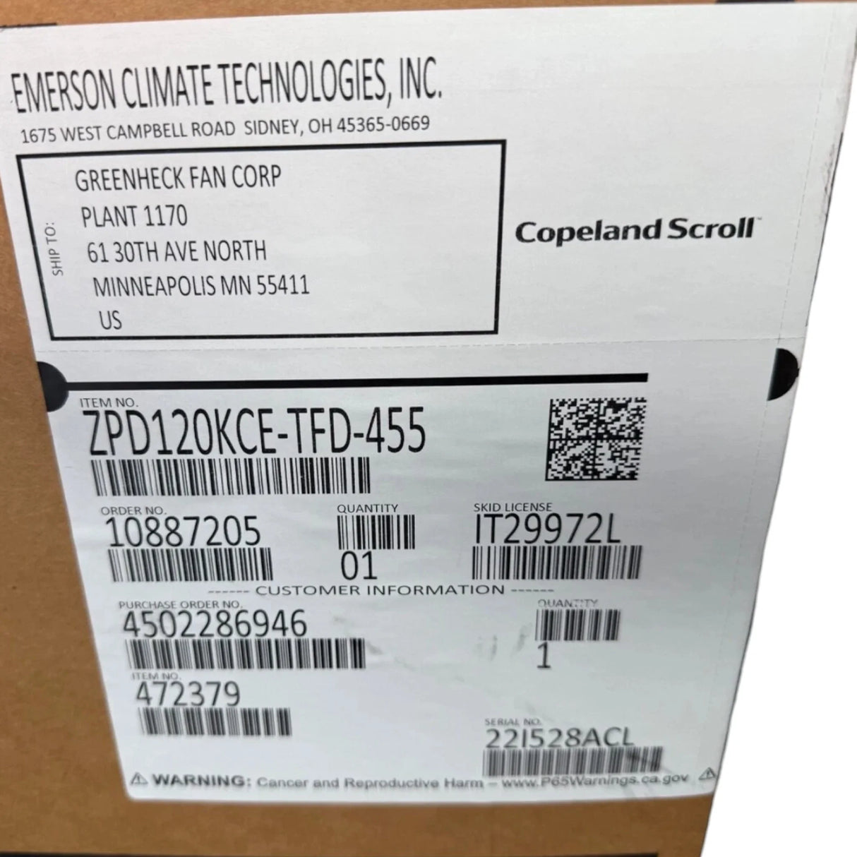 ZPD120KCE-TFD-455 Genuine Copeland Scroll Compressor - Truck To Trailer