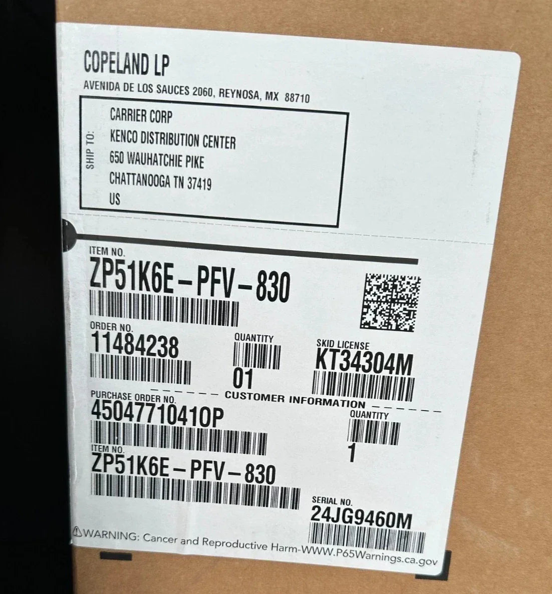 ZP51K6E-PFV-830 Genuine Copeland Scroll Compressor 208/230V - Truck To Trailer