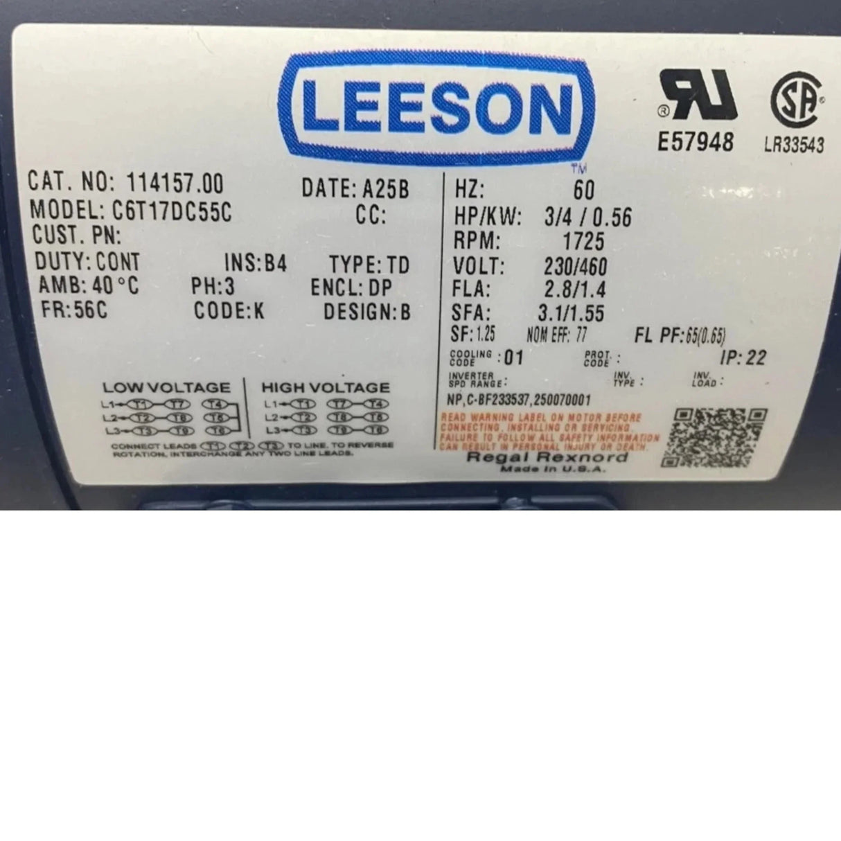 114157.00 Leeson Brake Motor 230/460V - Truck To Trailer