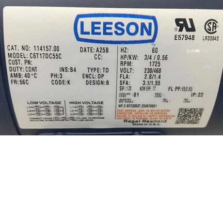 114157.00 Leeson Brake Motor 230/460V - Truck To Trailer
