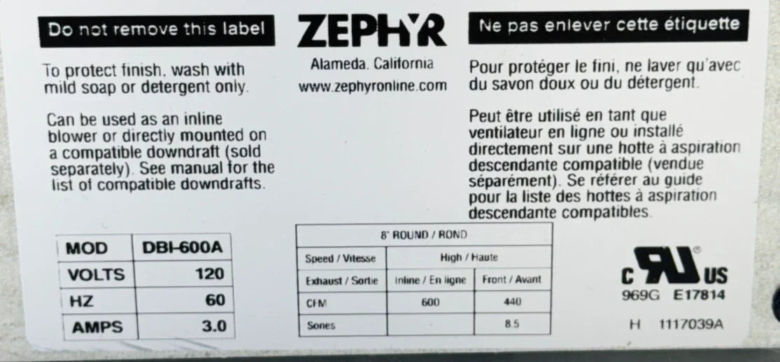 DBI-600A Zephyr Downdraft Blower Internal 120V - Truck To Trailer