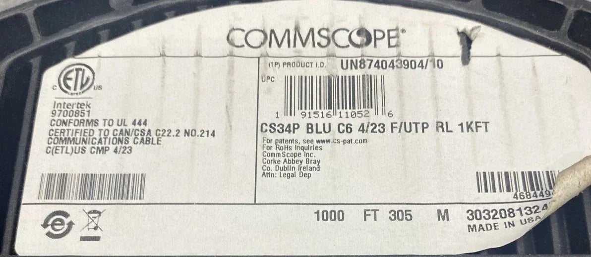CS34P BLU C6 4/23 F/UTP RL 1KFT Commscope Cable 1000FT - Truck To Trailer
