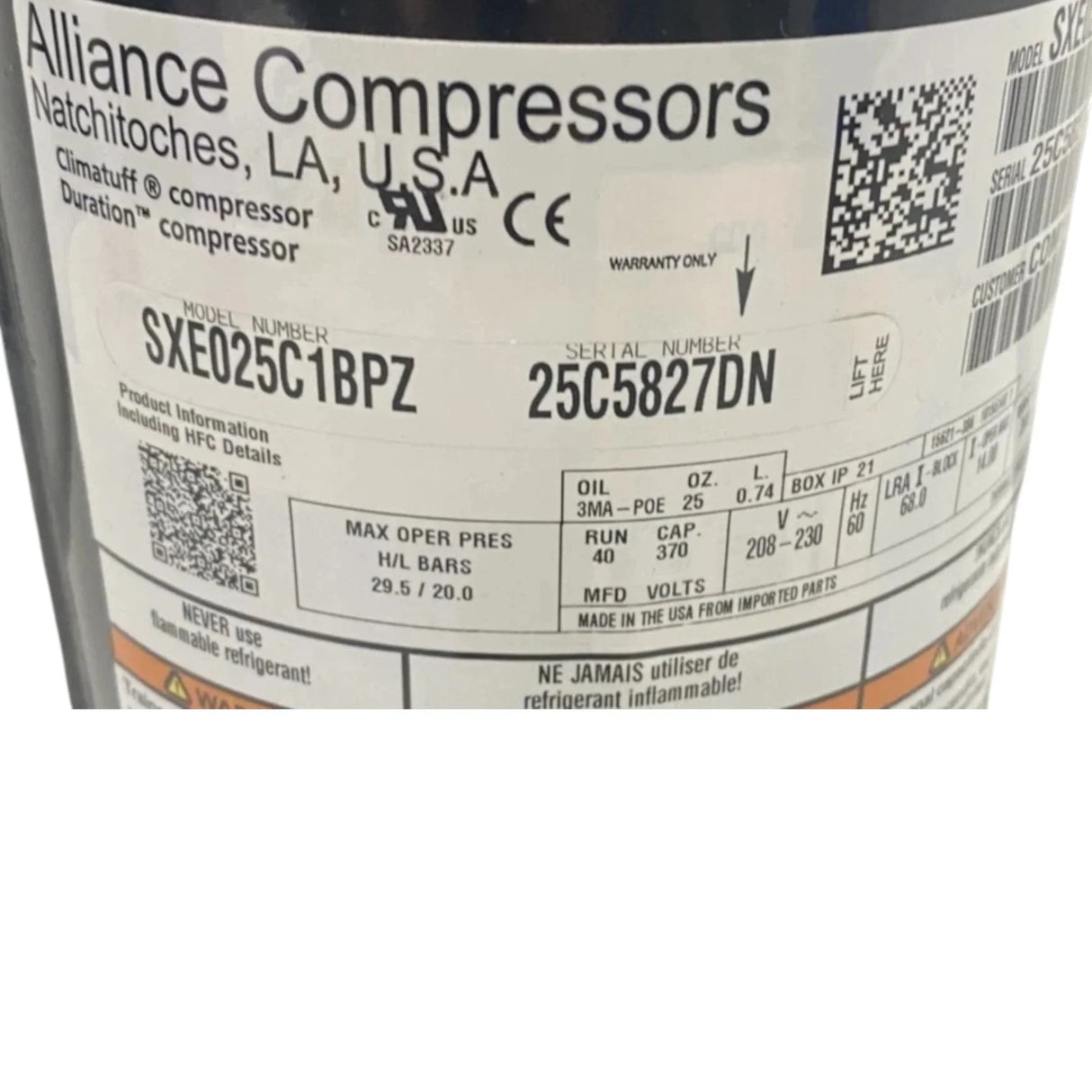 SXE025C1BPZ Alliance Compressor 208-230V - Truck To Trailer