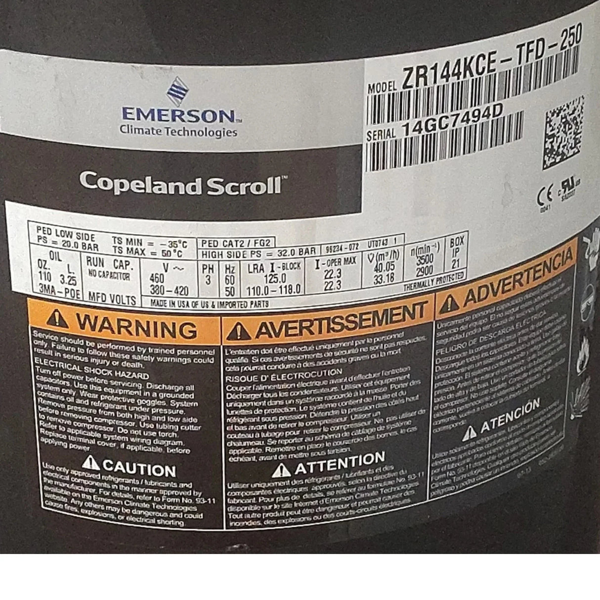 ZR144KCE-TFD-250 Genuine Copeland Scroll Compressor - Truck To Trailer