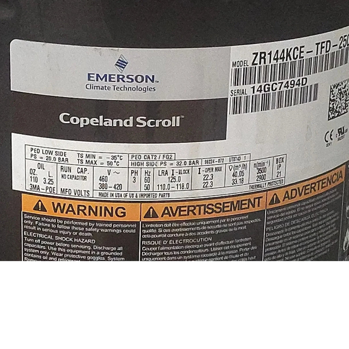 ZR144KCE-TFD-250 Genuine Copeland Scroll Compressor - Truck To Trailer