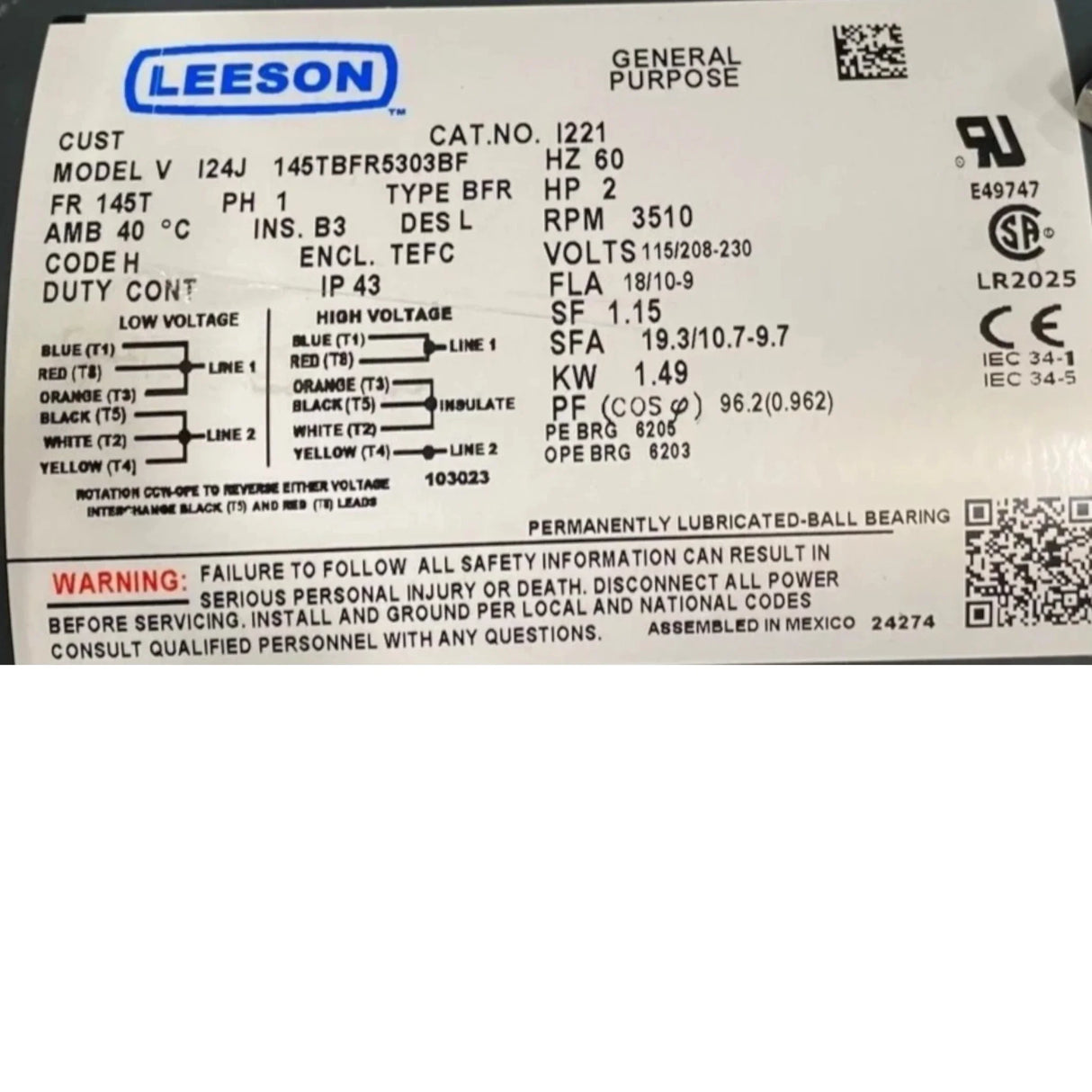 Share 145TBFR5303 Leeson General Purpose Motor 115/208-230V