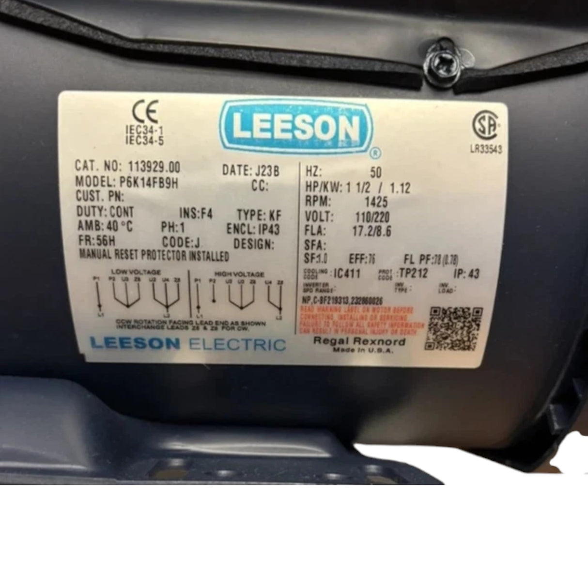 113929.00 Genuine Leeson Special Voltage Motor 110/220V 1500RPM