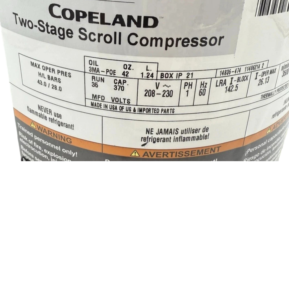 ZPS42K7EPFV130 Genuine Copeland Scroll Compressor 208-230V