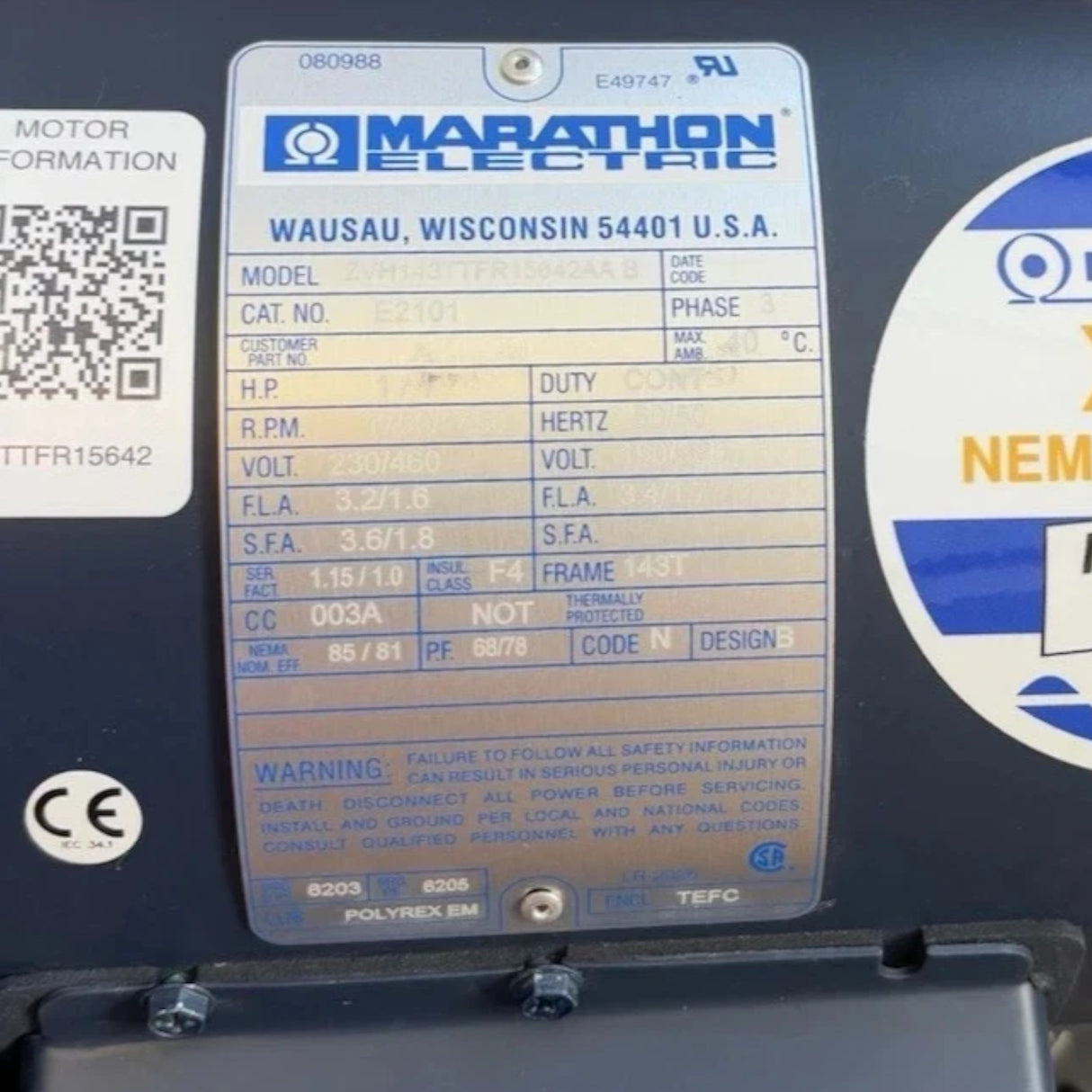 143TTFR15642 Genuine Marathon Genaral Purpose Motor 230/460V