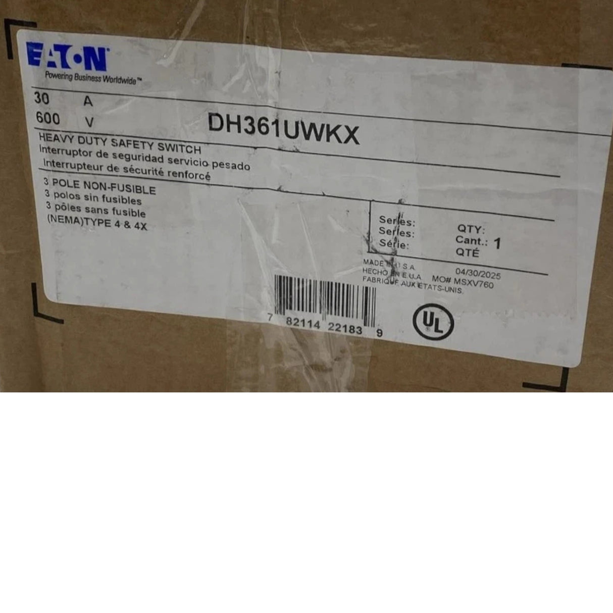 DH361UWKX Genuine Eaton Heavy Duty Non Fusible Safety Switch