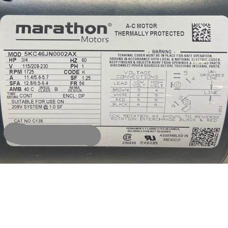 5KC46JN0002AX Genuine Marathon General Purpose Motor 115/208-230V