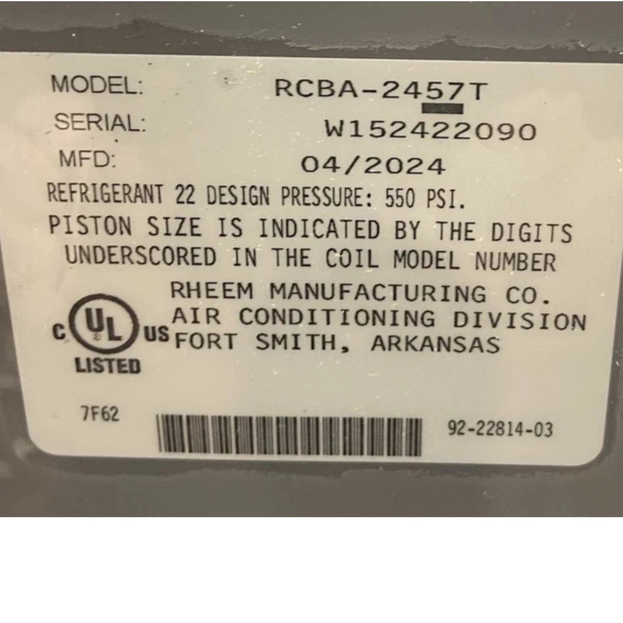 RCBA-2457T Rheem Evaporator Coil Assembly