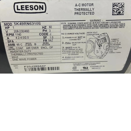 5K49RN6310S Genuine Leeson Electric Motor 208-230/460V