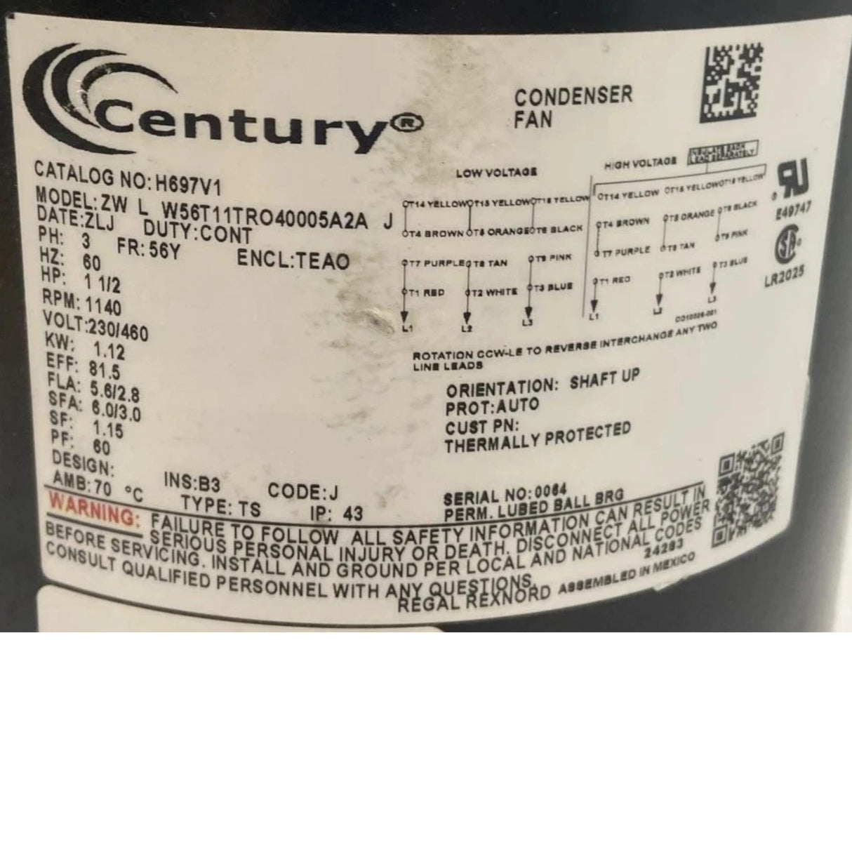 H697V1 Century Condenser Fan Motor 230/460V