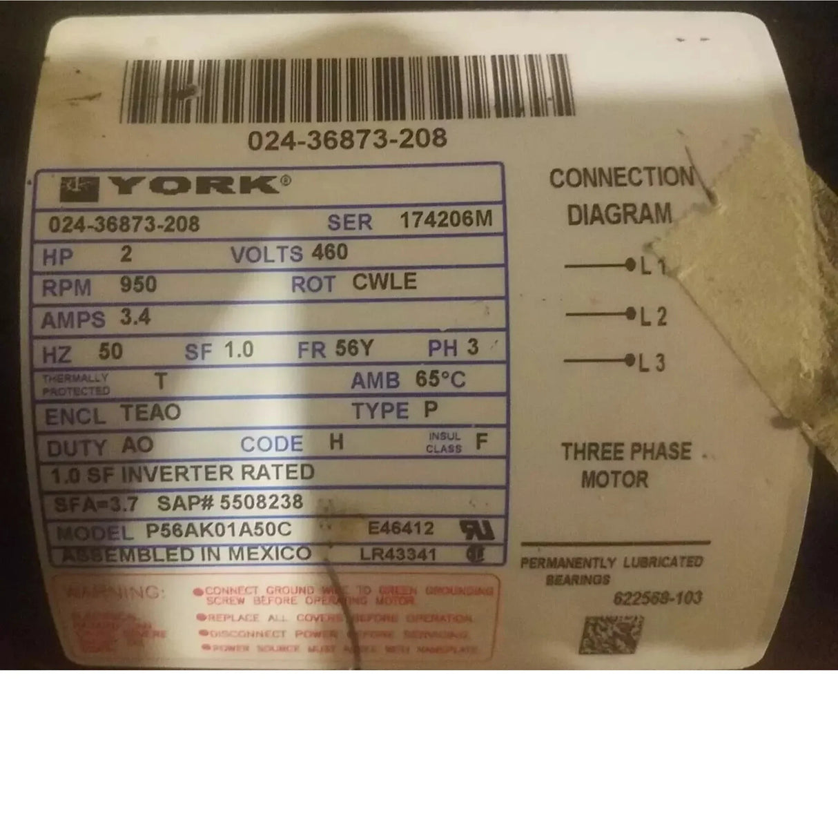 P56AK01A50C Genuine York Fan Motor 460V - Truck To Trailer