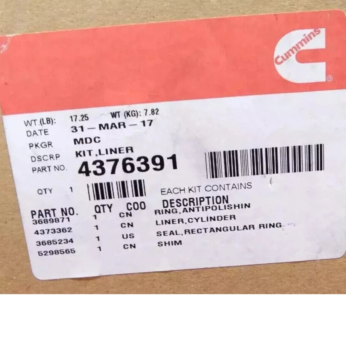 4373362 Genuine Cummins Liner Kit - Truck To Trailer