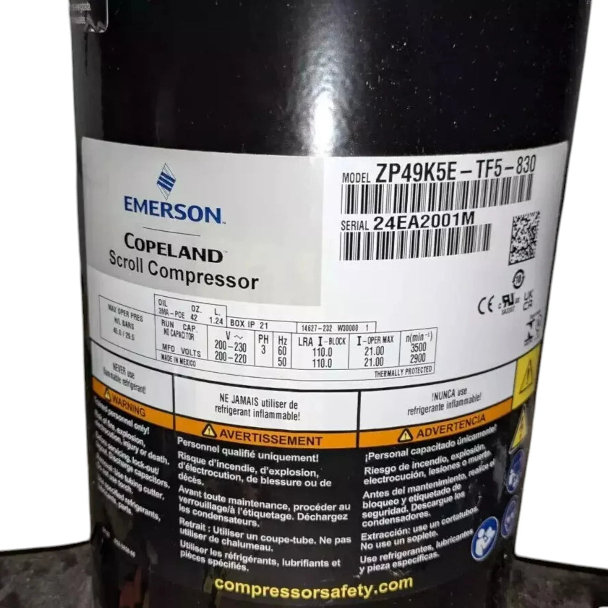 ZP49K5E-TF5-830 Genuine Copeland Scroll Compressor 208/230V - Truck To Trailer