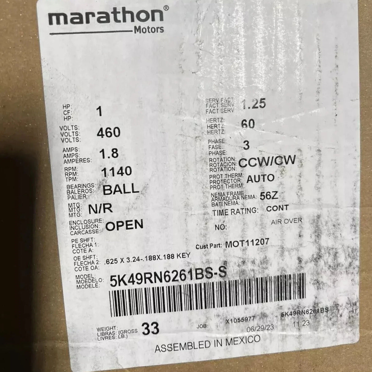 5K49RN6261BS Genuine Marathon Motor 460B 1,8A 60HZ - Truck To Trailer