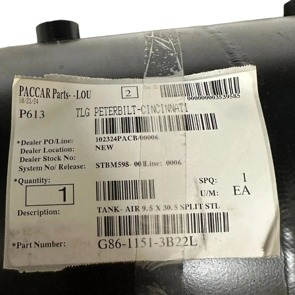 G8611513B22L Genuine Paccar Air Tank - Truck To Trailer