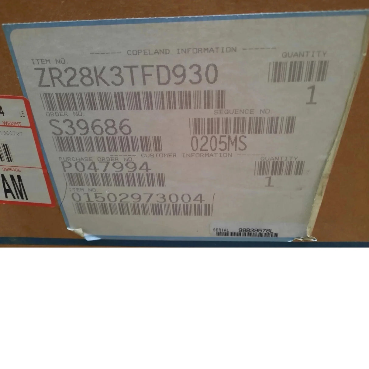 ZR28K3-TFD-930 Genuine Copeland Scroll Compressor 460V - Truck To Trailer