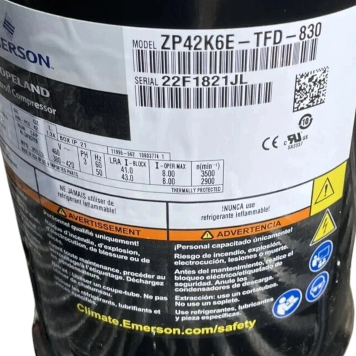 ZP42K6E-TFD-830 Genuine Copeland Scroll Compressor 460V - Truck To Trailer