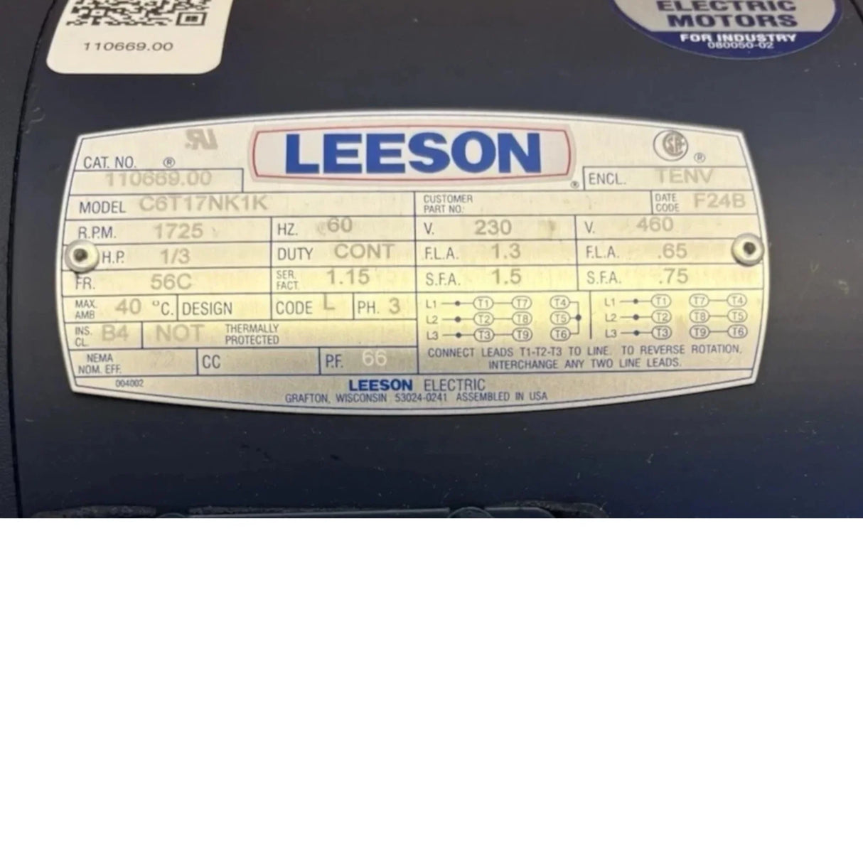 C6T17NK1K Genuine Leeson Brake Motor 230/460 V - Truck To Trailer