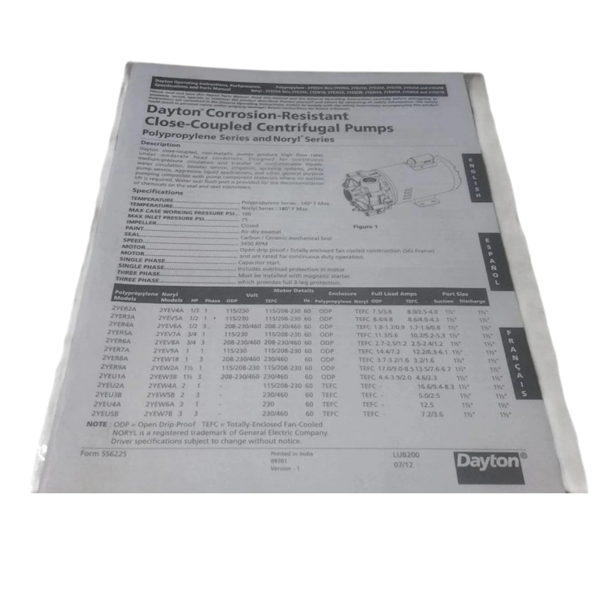 2YEV8A Dayton Head Centrifugal Pump 3/4 HP 208-230/460VAC 72 Ft Max - Truck To Trailer