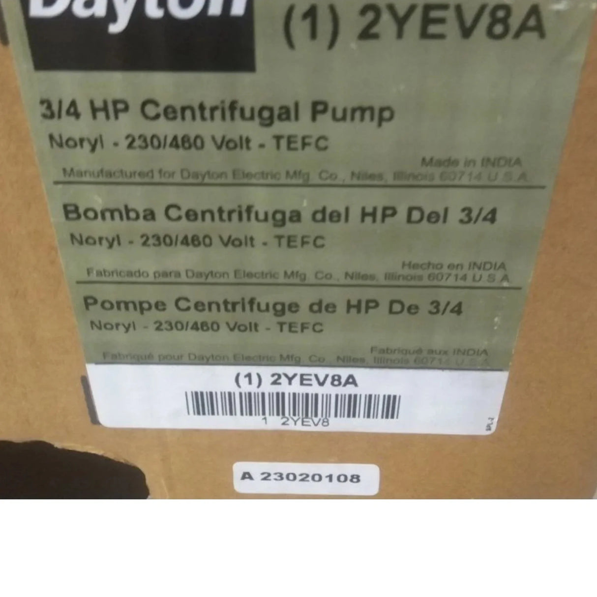 2YEV8A Dayton Head Centrifugal Pump 3/4 HP 208-230/460VAC 72 Ft Max - Truck To Trailer