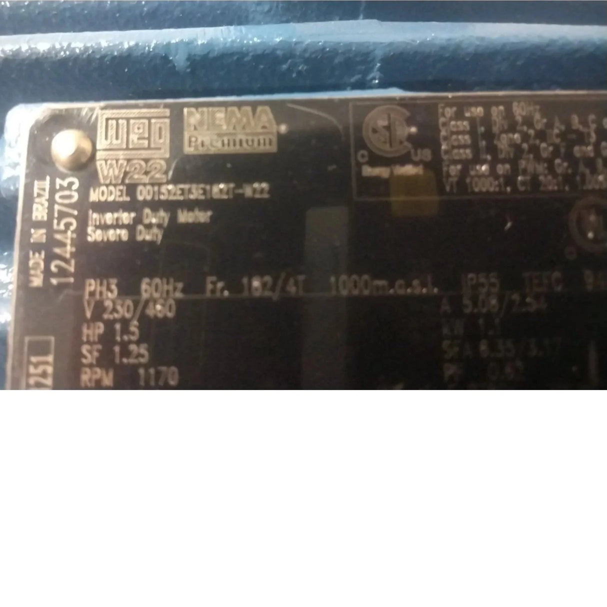 00152ET3E182T-W22 Weg General Purpose Motor 1-1/2 HP 1170 RPM 230/460VAC 3-Phase - Truck To Trailer