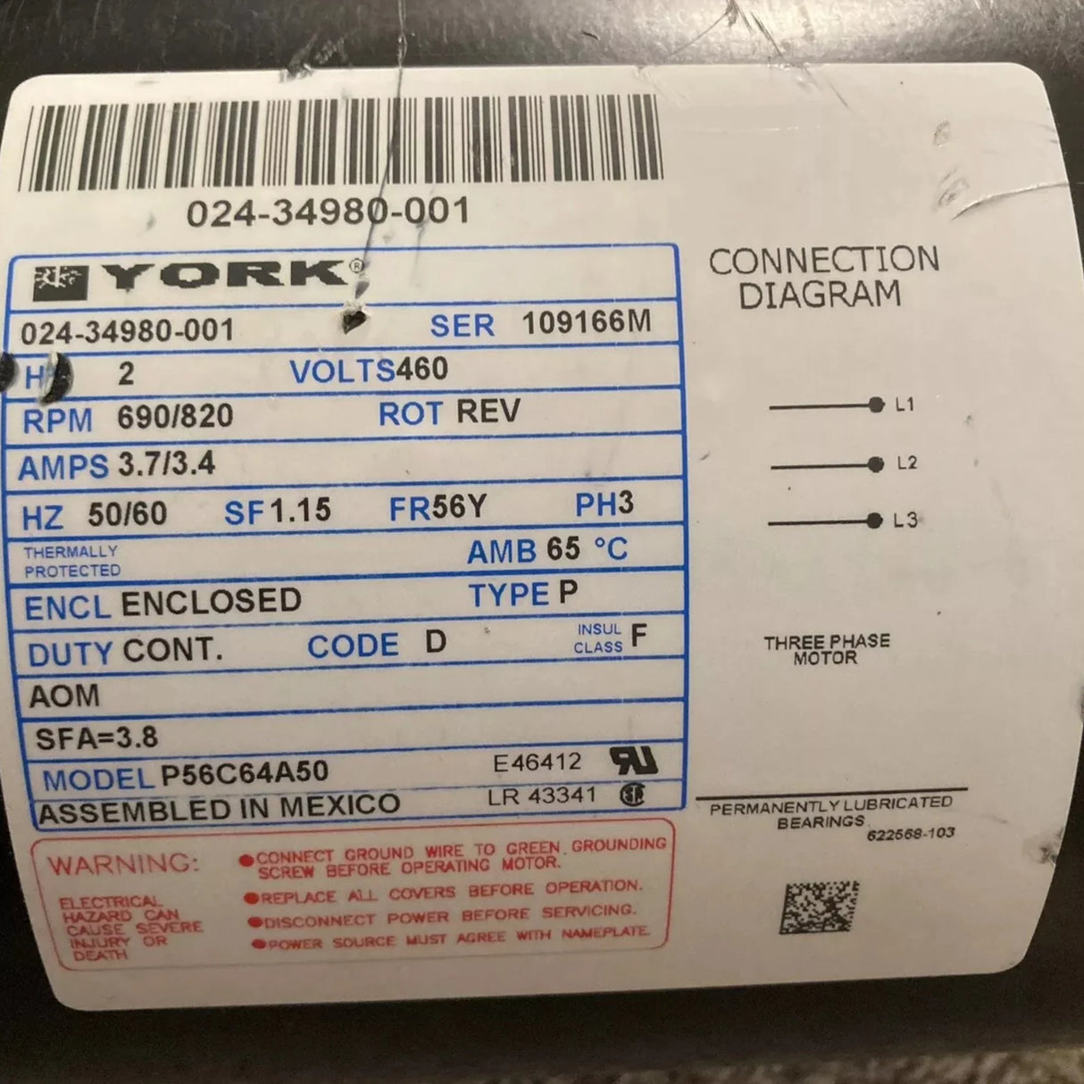 024-34980-001 Genuine York Electric Fan Motor - Truck To Trailer