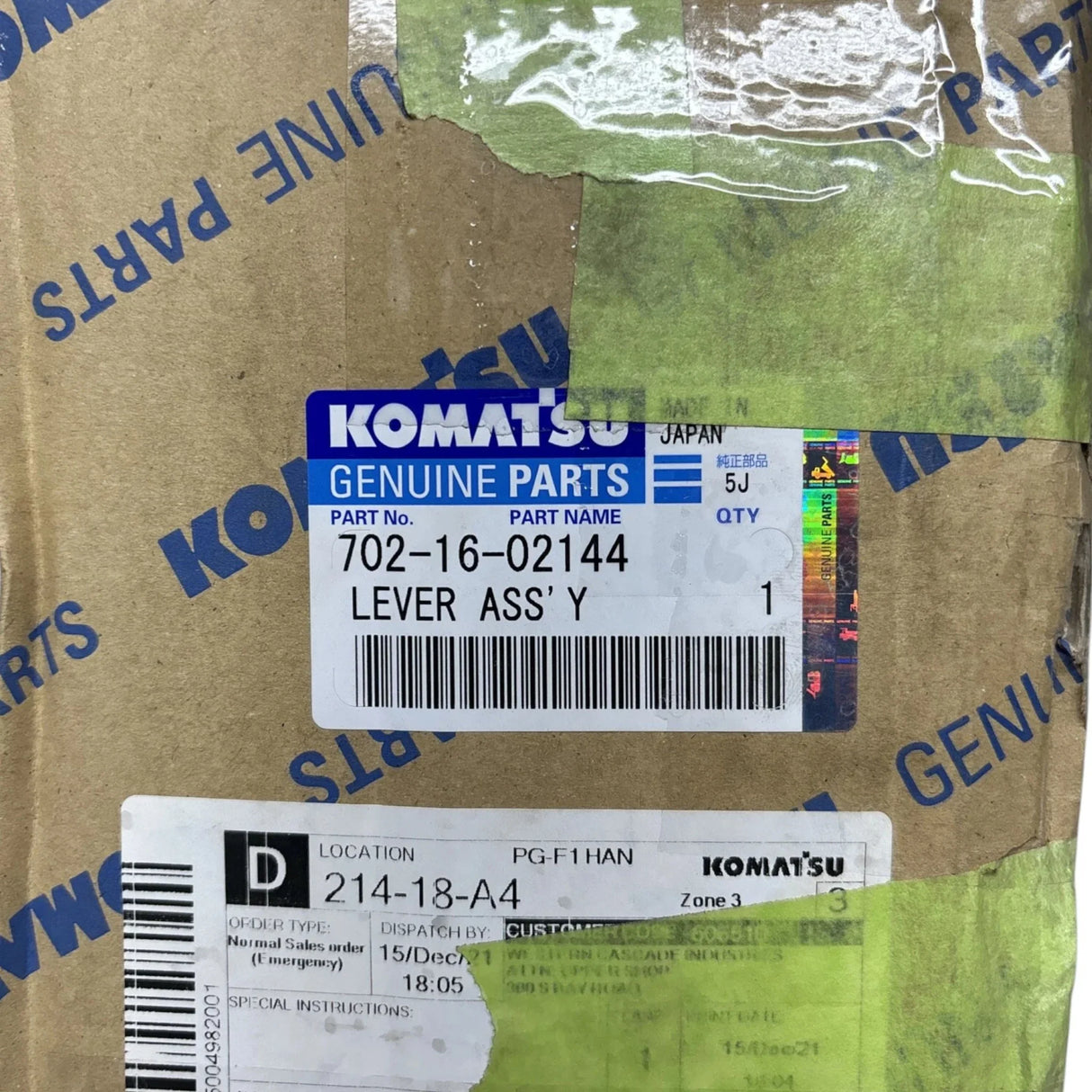 702-16-02144 Genuine Komatsu Lever Assembly - Truck To Trailer