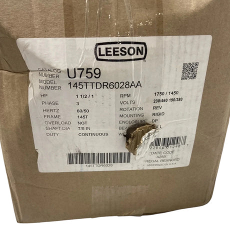 145TTDR6028 Genuine Leeson Three Phase General Purpose Electric Motor - Truck To Trailer